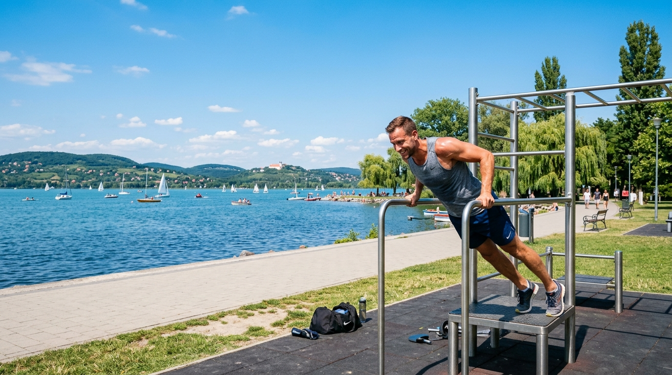 Szabadtéri edzés a Balaton közelében
